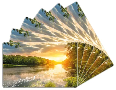 Produktbild von Wallario Frühstücksbrettchen 6er Set aus Glas, je 14 x 23 cm, mit rutschfesten Füßen, Motiv Sonnenuntergang am Fluss in grüner Umgebung