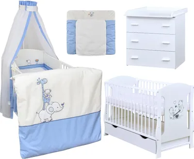 Produktbild von Baby-Delux Babyzimmer Babybett Wickelkommode Weiss Bettwäsche Komplett Zirkus Blau