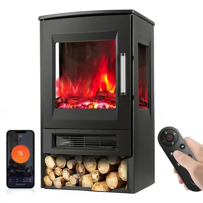 Zdjęcie produktu dla Clanmacy Elektryczny kominek 900W/1800W, stojący model z funkcją ogrzewania, wentylatorem, pilotem i efektem płomienia LED