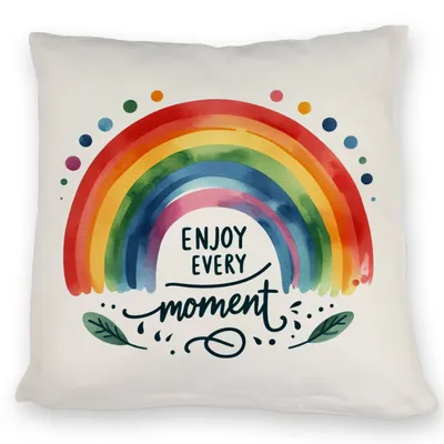 Produktbild von Regenbogen Kissen mit Spruch Enjoy every moment