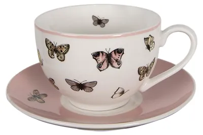 Immagine prodotto di Tazza e piattino Clayre & Eef 200 ml Bianco Rosa Porcellana Farfalle