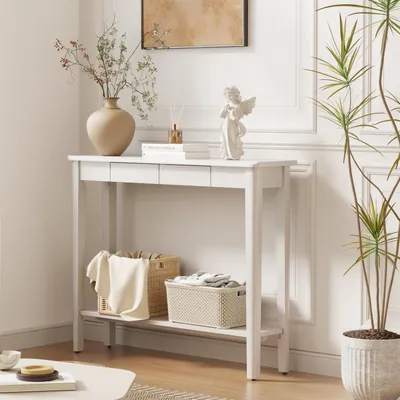 Obrázok produktu pre Drevený konzolový stolík s zásuvkami, 100 x 25 x 80 cm, biela farba
