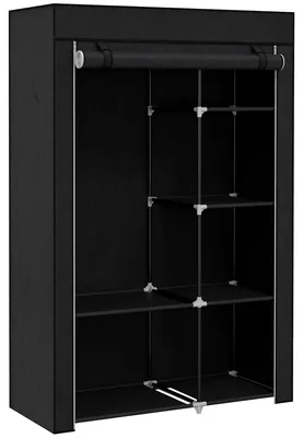 Produktbild von Stoffkleiderschrank mit Kleiderstange und 6 offenen Regalböden, 103x43x162,5 cm, Schwarz - Reißverschlusstür - Vliesabdeckung - pulverbeschichteter Stahlrahmen