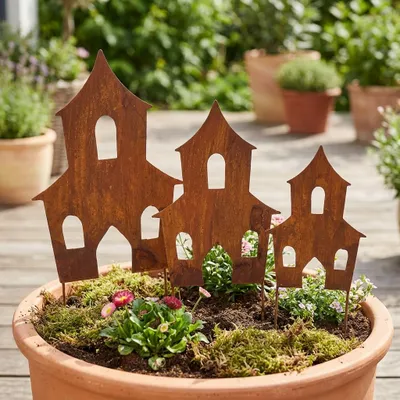 Produktbild von Rustikale Hexenhäuser aus Stahl – Metall Gartenstecker, 3er Set