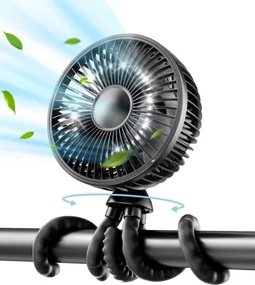 Obrázok produktu pre Miniatúrny ručný ventilátor so svetlom a 4 rýchlosťami, otočný o 360°, do autosedačky a kočíka, na batérie, čierny
