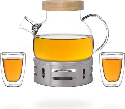 Produktbild von Kira Teeset / Teeservice / Teekanne Glas 900ml mit Tüllensieb, Bambusdeckel, Stövchen und 2 doppelwandige Teegläser je 100ml