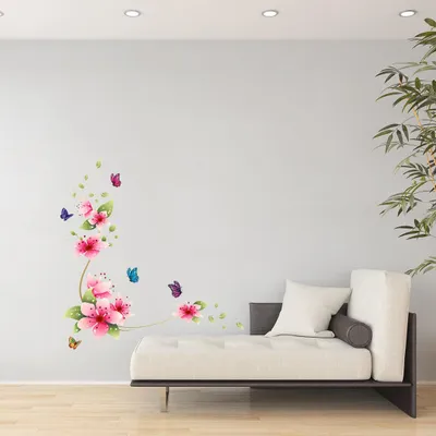 Produktbild von Dekorative Wandaufkleber mit rosa Blumen und Schmetterlingen