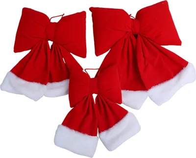 Produktbild von Weihnachtsschleife aus Samt, große, mit Plüsch gefüllte Schleife zum Aufhängen am Weihnachtsbaum mit flauschigem weißem Fellbesatz für die Dekoration von Weihnachtsbaum, Kamin und Party