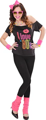 A woman posing in an 80s-themed costume.