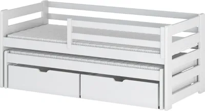 Produktbild von Einzelbett 90x200 mit Rausziehbett 90x190 mit zwei Schubladen, Rausfallschutz und Lattenrosten, Vollholz massiv in weiß, Kinderbett Funktionsbett 200x90