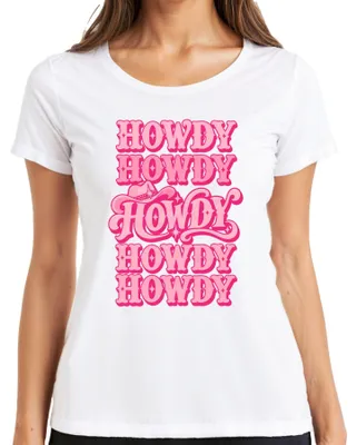 Immagine prodotto di T-shirt da donna, stile cowgirl western, con la scritta "Howdy Dolly Parton" e motivi retrò, colore rosa, taglia 3XL