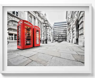 Produktbild von Rote Telefonzellen London– Wandbild mit Rahmen – Gerahmtes Bild  – Wanddekoration – 80x60 cm –  Weiß Rahmen