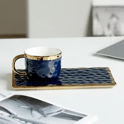 Produktbild von Espressotasse mit Untertasse 180ml Porzellan Goldrand Blau Löffel