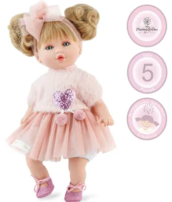 Puppe Isabella mit Produktinformationen und Icons zu Größe, Setumfang und kreativem Spielen.