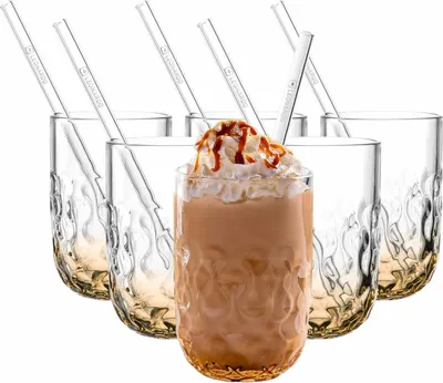Produktbild von Leonardo GOCCE Caramel Macchiato Glas (2) 390 ml mit Glastrinkhalm 6er Set