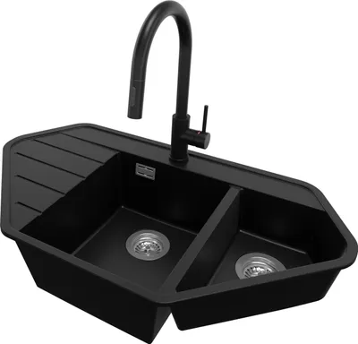 A black granite kitchen sink with a pull-down faucet, shown from a slightly elevated angle against a white background.
