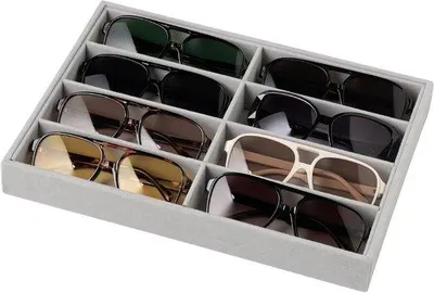 Image de Boîte de rangement pour lunettes de soleil à 8 compartiments - Pour hommes et femmes - Gris