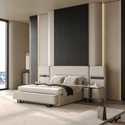 Image de Ensemble de chambre à coucher beige design Lit rembourré 2 tables de chevet en bois