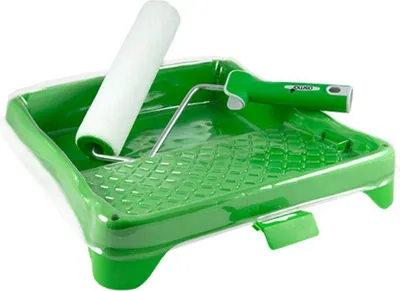 A green paint roller tray with a white roller and handle.