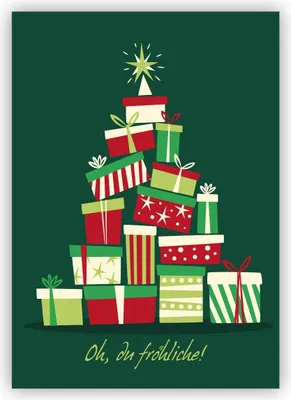 Produktbild von 4x Schicke Retro Weihnachtskarte mit Weihnachtsbaum aus Geschenken: Oh, du fröhliche!