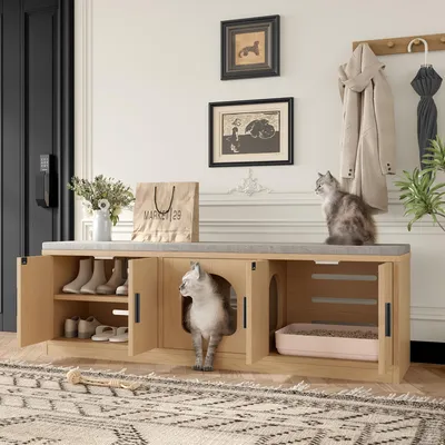 Obrázek produktu pro okwish Skříň pro kočky / kočičí komoda se 4v1 designem, skříň na kočičí toaletu s výškově nastavitelnými policemi a ventilačními otvory, kočičí domek s integrovaným škrabadlem, Imitace dub