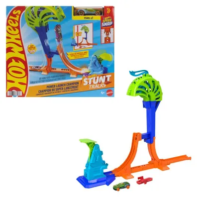 Produktbild von Hot Wheels Stunt Tracks Power-Start-Champion-Trackset und Die-Cast-Spielzeugauto im Maßstab 1:64, Fahrzeug- & Schienen-Set, 4 Jahr(e), Kunststoff, Mehrfarbig