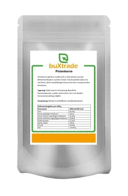A product image of a bag of pine nuts with nutritional information and product description.