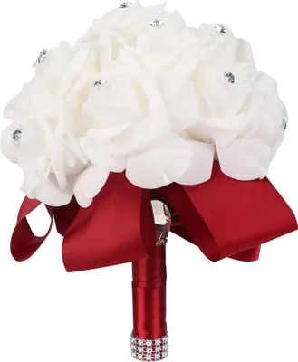 Produktbild von Künstlicher Brautstrauß mit Strasssteinen, Dekoration für Hochzeit, Party und Zuhause (Weinrot)