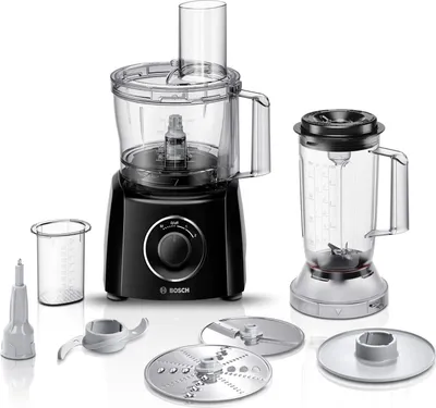 A collection of kitchen appliance parts and accessories, including a food processor and a blender, arranged on a white background.