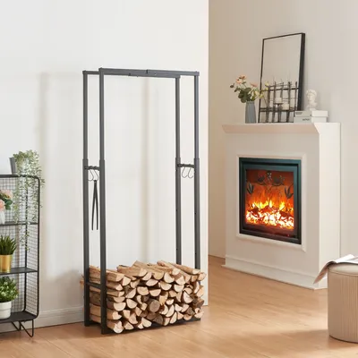A firewood rack filled with logs is shown next to a fireplace.