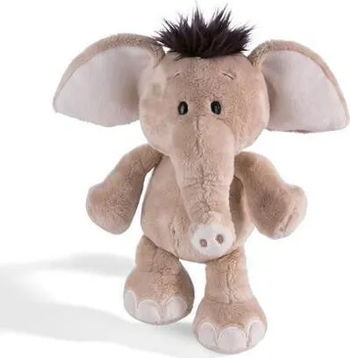 A plush toy elephant standing against a white background.