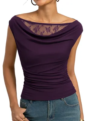 Produktbild von Kate Kasin Damen Bluse Y2K Sommer Spitzen Oberteil Drapiert Wasserfallausschnitt