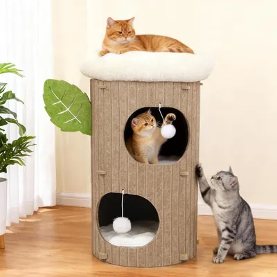 Three cats interacting with a multi-level cat tree in a home environment.