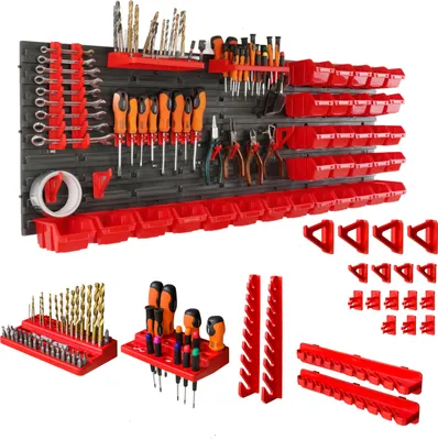 Produktbild von botle® Werkzeugwand Lochwand aus Kunststoff, Stapelboxen + Wandregal + Werkzeughalter 68-teiliges Set, Kleinteilelager 116 x 39 cm, Wandwerkstatt mit 33 stapelbaren Behältern, Hängeregal Sortierregal