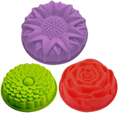 Produktbild von 3 Silikonformen mit Blumenmuster, Kuchenform, Brotform, große runde Sonnenblume, Chrysantheme, Rose – Gelb, Rot, Violett