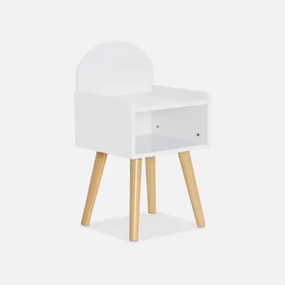 A white bedside table with wooden legs against a white background.