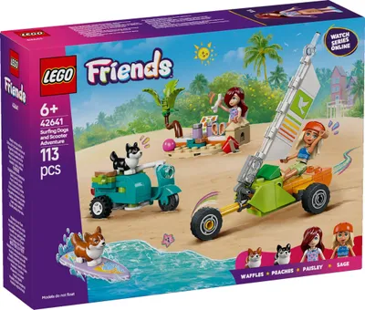 Productafbeelding van LEGO Friends Strandavontuur met honden, bouwset voor meisjes vanaf 6 jaar, dieren speelset met 2 minifiguren en 2 Corgi-figuurtjes, cadeau voor creatieve kinderen, avontuurlijke bouwset met surfplank, 42641