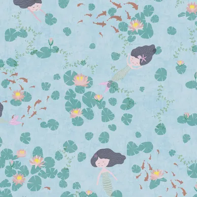 Productafbeelding van Profhome 771461-GU Kinderbehang lotusbloemen mat blauw pastelturquoise 5,33 m2