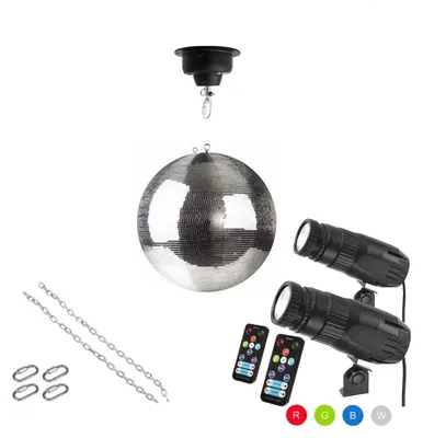 Produktbild von Spiegelkugel Komplettset 30cm mit Motor, 2 x 15W LED Pinspot (RGBW) und Montagematerial PROFI