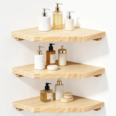Produktbild von PolkaHome® 3er Set Eckregal Wandregal Holz 28,5 cm Massivholz Natur Holzregal Hänge-Eckboard für Küche Bad Schlafzimmer Wohnzimmer