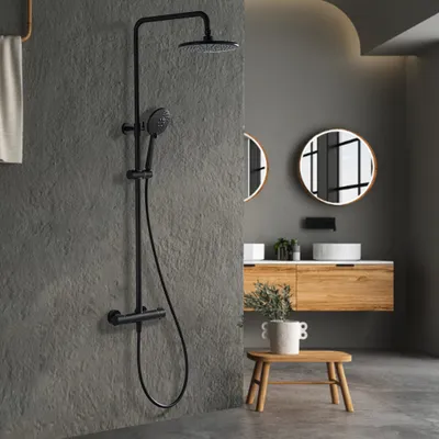 Produktbild von Schwarz Duschsystem Regendusche mit Thermostat HOMELIVE Duscharmatur Set, Regendusche Duschset inkl,Kopfbrause, Edelstahl verstellbarer Duschstange