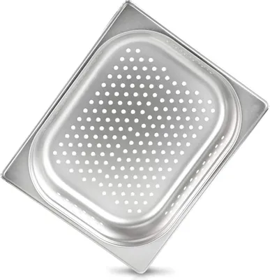 Produktbild von jokobela GN-Behälter 1/2 65 mm perforiert (6 mm ø) aus Premium-Edelstahl (GN-Sieb) Maße: 325 x 265 x 65 mm - Gastronormbehälter ideal für Garen mit Chafing Dish oder Bain Marie (0,6 mm dick)