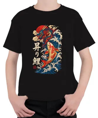 Produktbild von Japan Drache Karpfen Nobori Koi Welle Sonne Tattoo Y2K Irezumi Kinder T-Shirt, Schwarz, 140