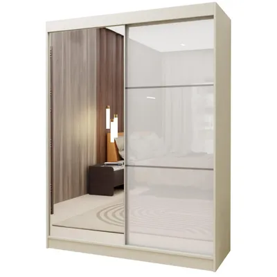 Produktbild von 150 cm Kleiderschrank Vena mit Spiegel inklusive 2 Schiebetüren Schwebetürenschrank (Farbe: kaschmir, lacobel weiß)