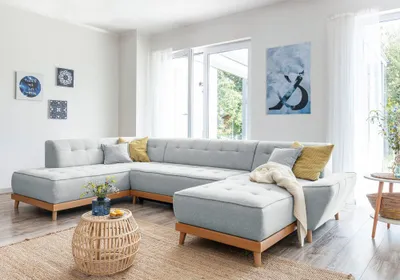 Produktbild von MIUFORM Dazzling Daisy - Ecksofa mit Bettfunktion und Bettkasten U-FORM LINKS - 330x190cm - Hellgrau - Sofa Schlafsofa Couch
