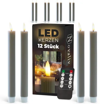 Produktbild von Stabkerzen LED mit Timer TAUPE GRAU 12 Stück indoor 6 Stunden ECHTWACHS gerippt 23cm Höhe für Kerzen 2,2cm Durchmesser 2 AAA Batterien notwendig LED Stabkerzen 2er Set 3x bewegliche Flamme Licht