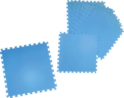 A stack of blue interlocking foam mats on a white background.