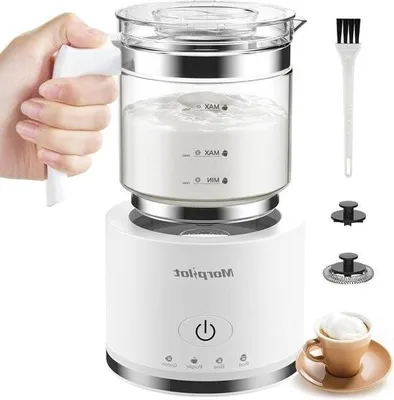 Zdjęcie produktu dla Elektryczny spieniacz do mleka 4 w 1 do gorącego i zimnego mleka, 600 W, 500 ml, zdejmowana szklana nasadka, wygląd latte, można myć w zmywarce, stal nierdzewna, biały