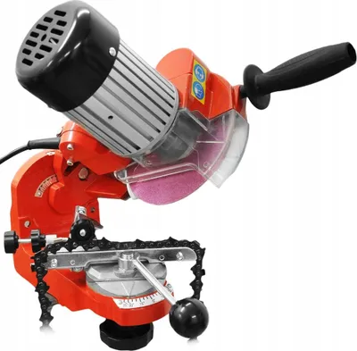 A red electric chainsaw sharpener is shown against a white background.