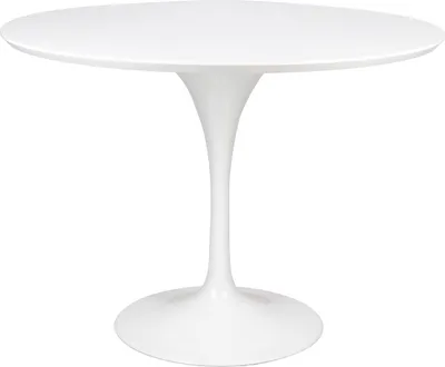 A white tulip-style dining table.